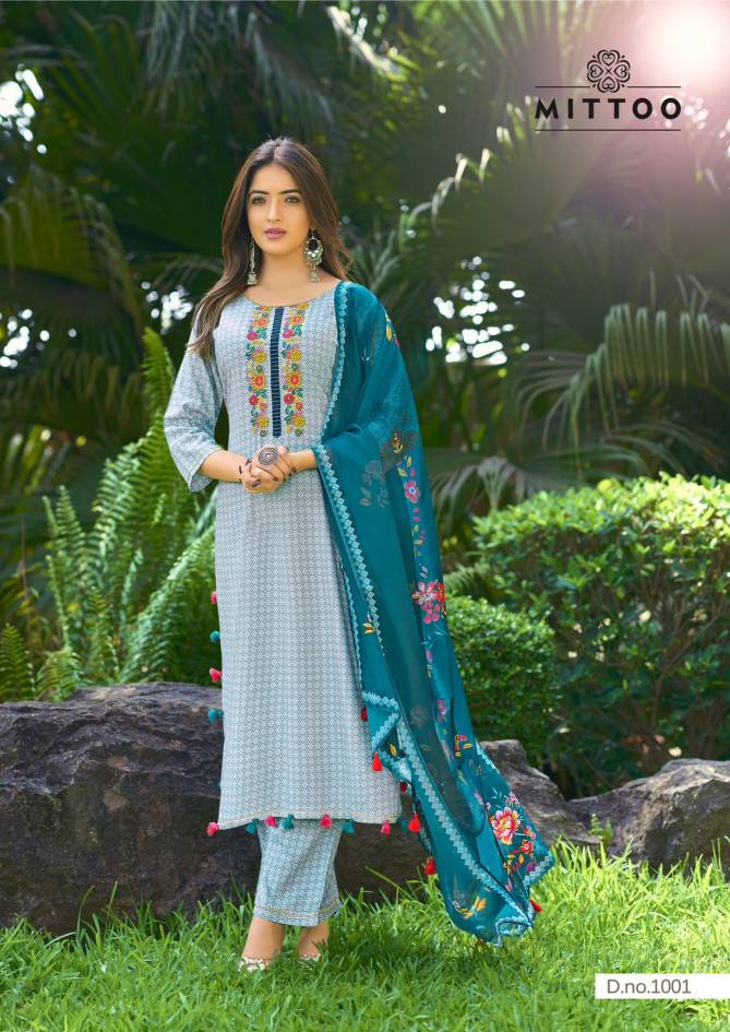 Innaya By Mittoo Threadwork Rayon Printed Kurti With Bottom Dupatta Wholesale Shop In Surat